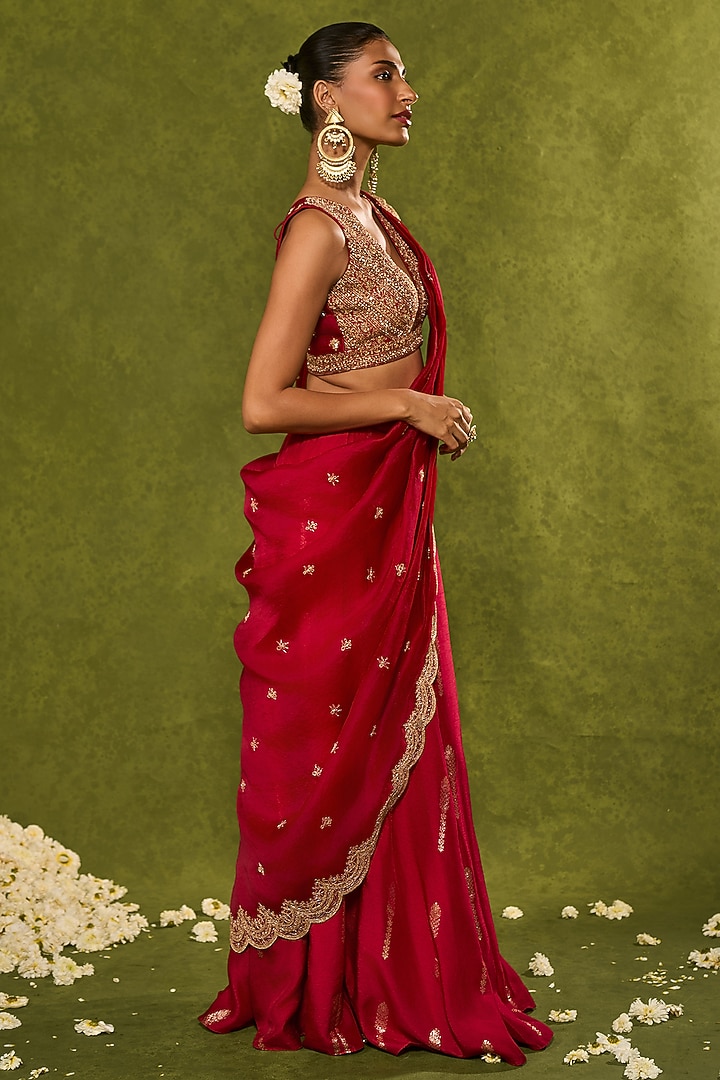 Red Jamewar & Raw Silk Draped Wedding Lehenga Saree Set by Chamee and Palak at Pernia's Pop Up Shop