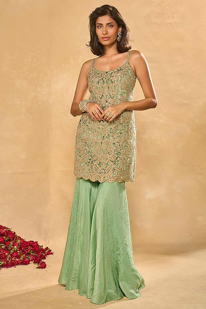 Green Tissue Jamawar Wedding Sharara Set by Chamee and Palak at Pernia's Pop Up Shop