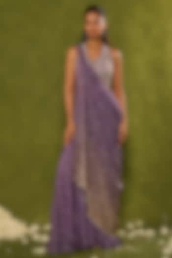 Dusty Purple Georgette Draped Sharara Wedding Saree Set by Chamee and Palak at Pernia's Pop Up Shop
