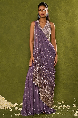 Dusty Purple Georgette Draped Sharara Saree Set by Chamee and Palak