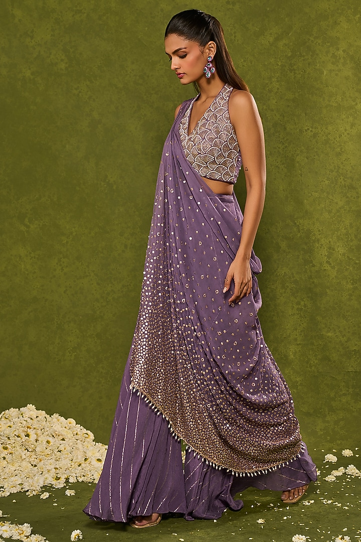 Dusty Purple Georgette Draped Sharara Wedding Saree Set by Chamee and Palak at Pernia's Pop Up Shop