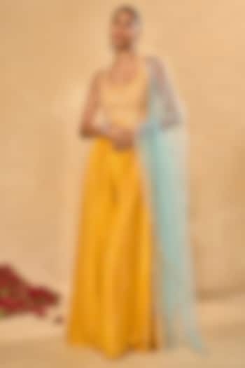 Yellow Woven Jamawar Flared Pant Set by Chamee and Palak at Pernia's Pop Up Shop