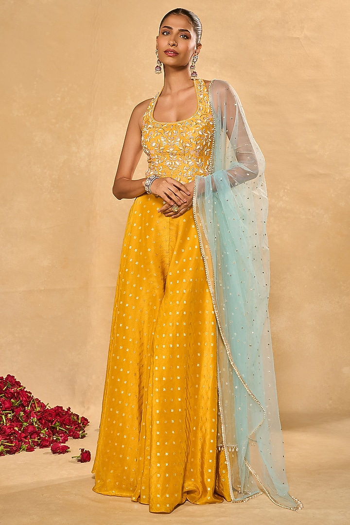 Yellow Woven Jamawar Flared Pant Set by Chamee and Palak at Pernia's Pop Up Shop