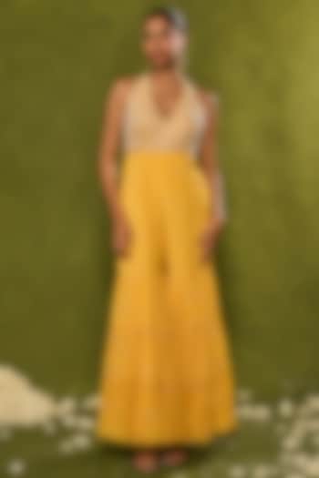 Yellow & Powder Blue Georgette Glass Beads Embellished Jumpsuit by Chamee and Palak at Pernia's Pop Up Shop