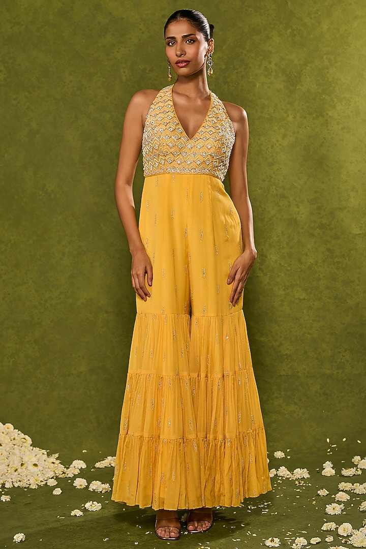 Yellow & Powder Blue Georgette Glass Beads Embellished Jumpsuit by Chamee and Palak at Pernia's Pop Up Shop