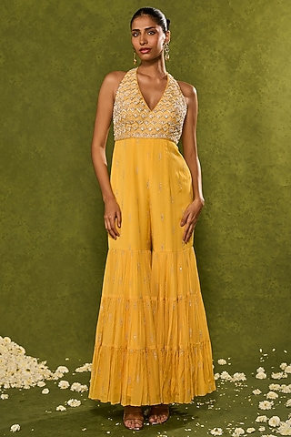 Yellow & Powder Blue Georgette Glass Beads Embellished Jumpsuit by Chamee and Palak