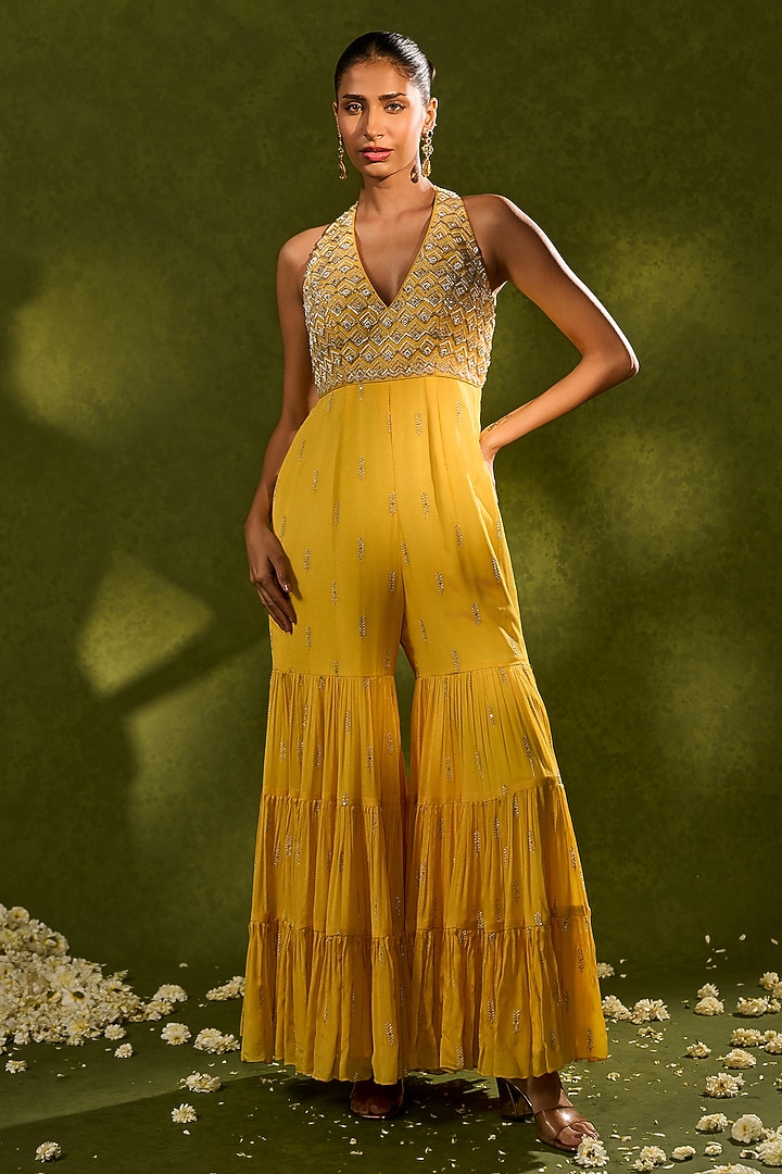 Yellow & Powder Blue Georgette Glass Beads Embellished Jumpsuit by Chamee and Palak at Pernia's Pop Up Shop