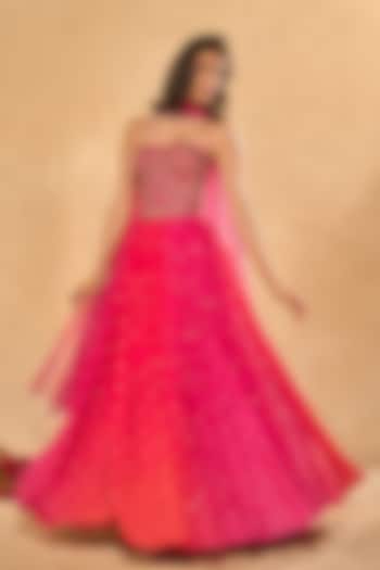 Pink & Coral Shaded Georgette Sequins Embroidered Wedding Lehenga Set by Chamee and Palak at Pernia's Pop Up Shop