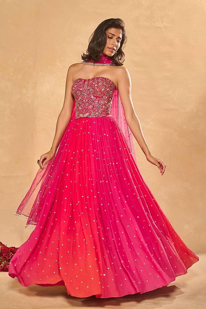 Pink & Coral Shaded Georgette Sequins Embroidered Wedding Lehenga Set by Chamee and Palak at Pernia's Pop Up Shop