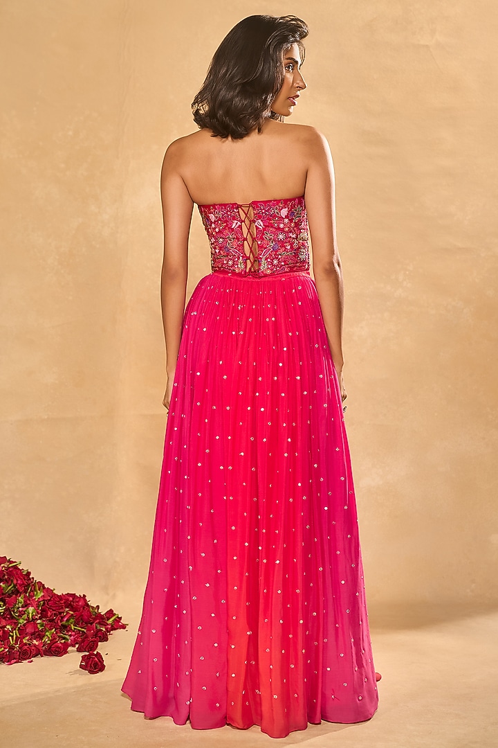 Pink & Coral Shaded Georgette Sequins Embroidered Wedding Lehenga Set by Chamee and Palak at Pernia's Pop Up Shop