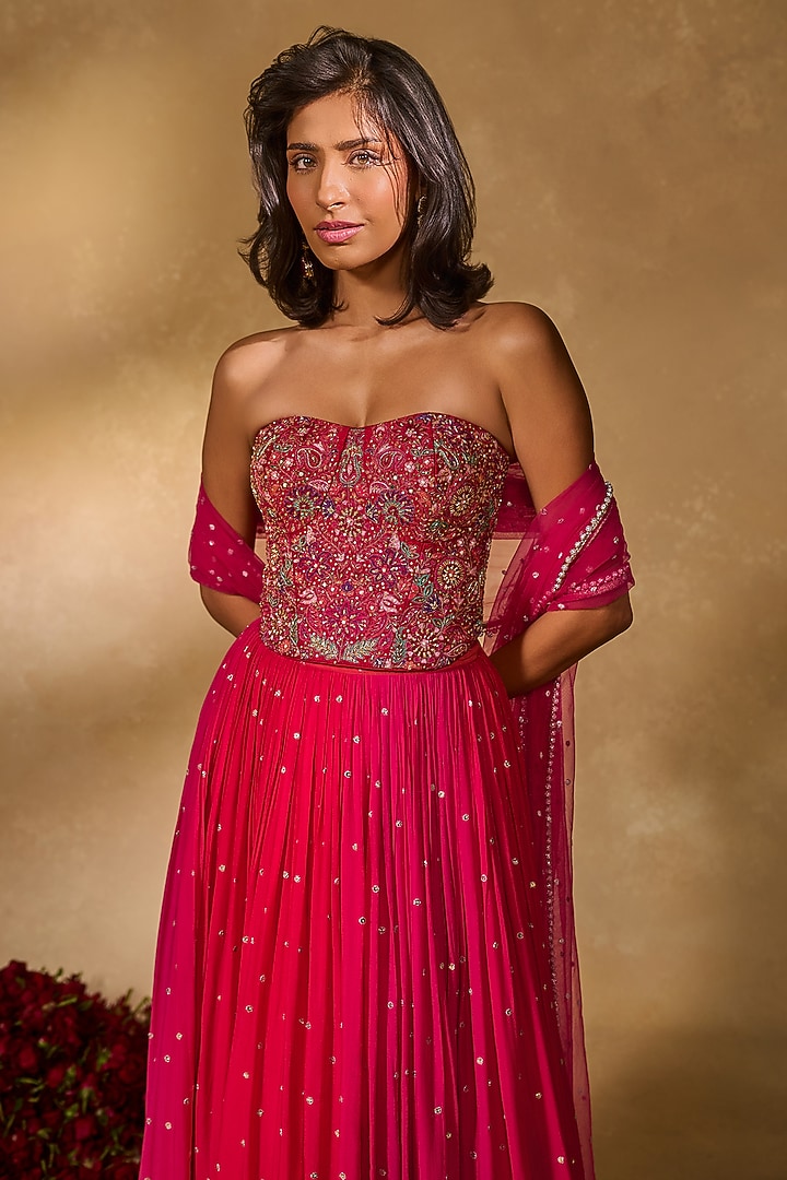 Pink & Coral Shaded Georgette Sequins Embroidered Wedding Lehenga Set by Chamee and Palak at Pernia's Pop Up Shop