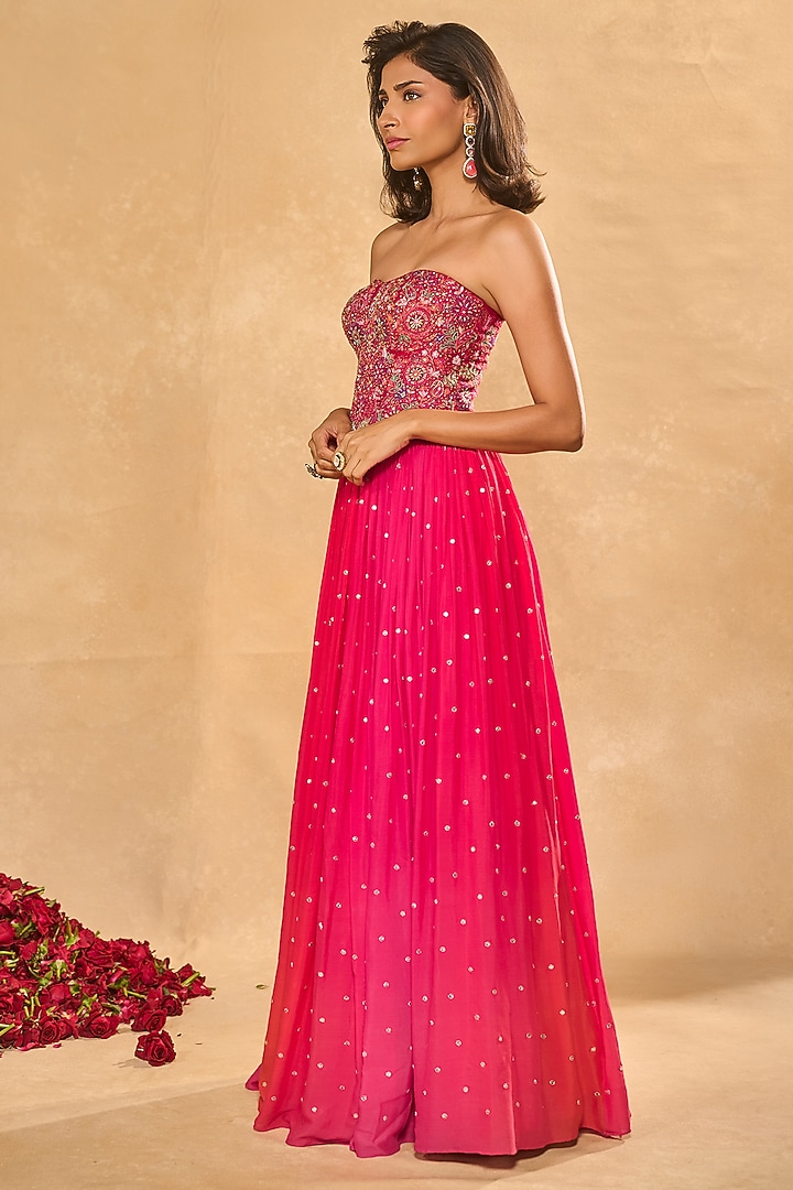 Pink & Coral Shaded Georgette Sequins Embroidered Wedding Lehenga Set by Chamee and Palak at Pernia's Pop Up Shop