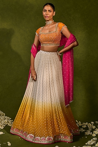 Ivory & Saffron Georgette Ruched Lehenga Set by Chamee and Palak