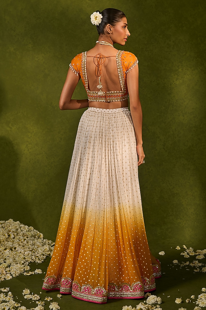 Ivory & Saffron Georgette Ruched Wedding Lehenga Set by Chamee and Palak at Pernia's Pop Up Shop