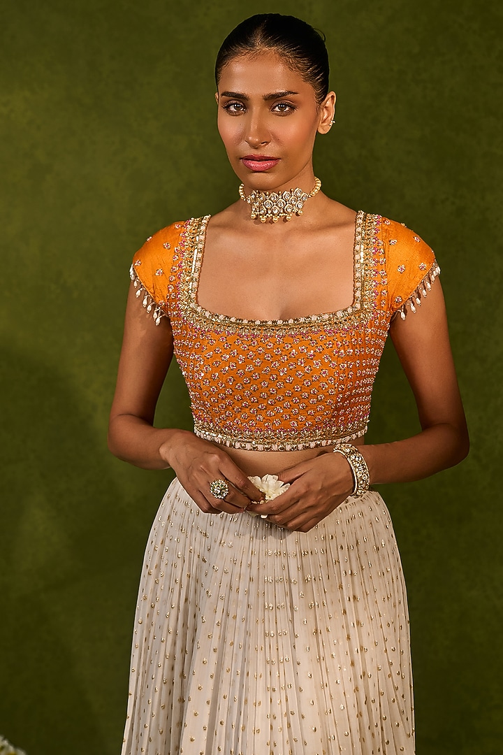 Ivory & Saffron Georgette Ruched Wedding Lehenga Set by Chamee and Palak at Pernia's Pop Up Shop