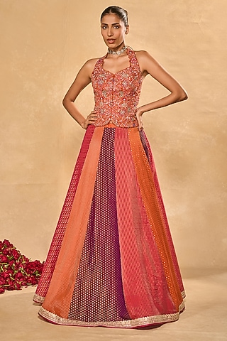 Multi-Colored Tissue Jamawar Lehenga Set by Chamee and Palak