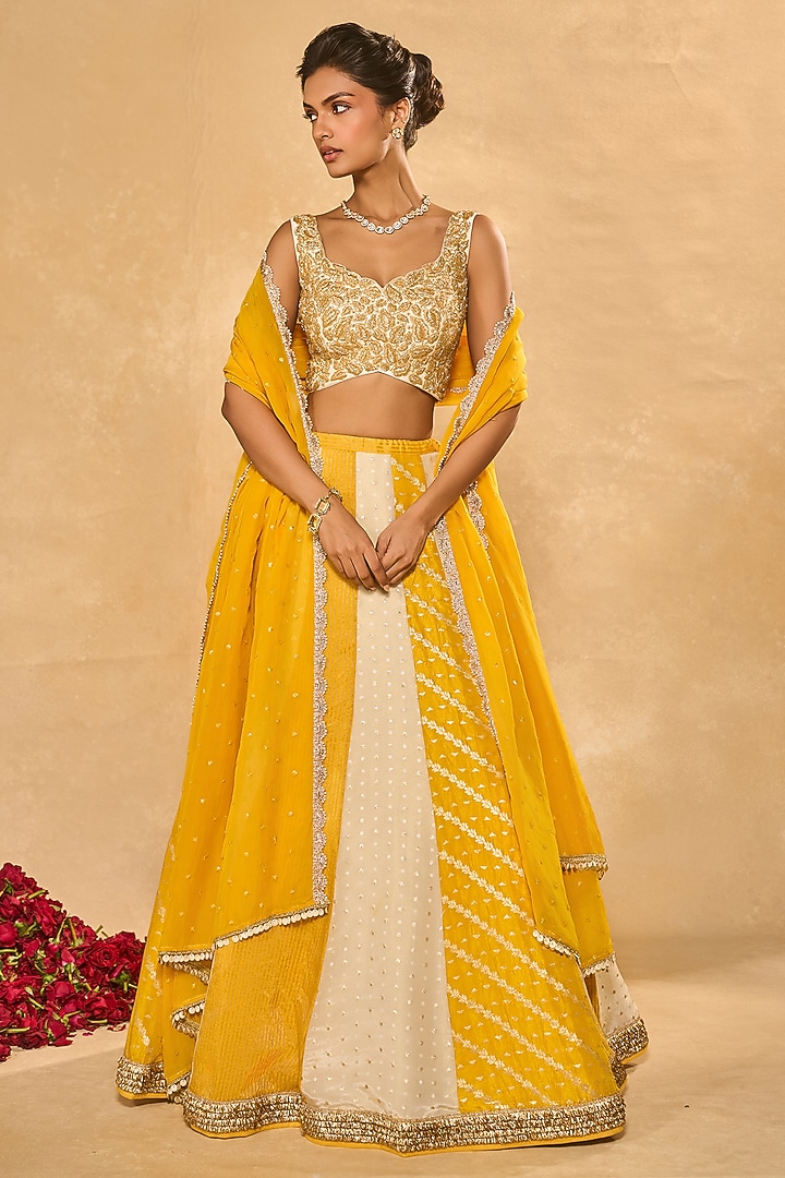 Ivory & Yellow Tissue Jamawar Wedding Lehenga Set by Chamee and Palak at Pernia's Pop Up Shop