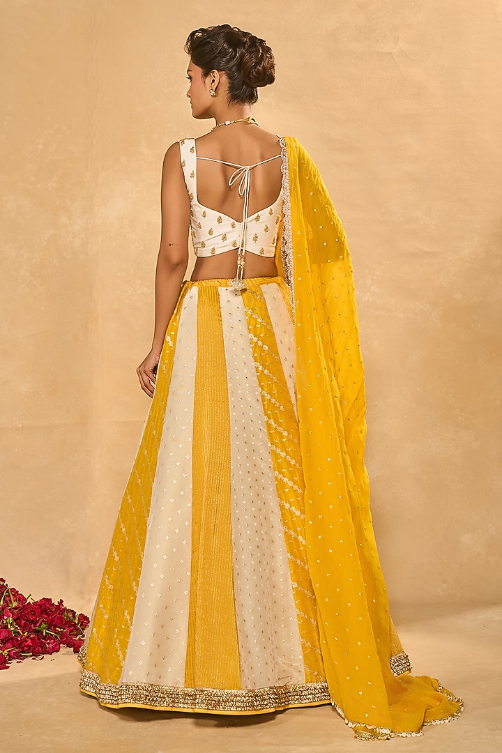 Ivory & Yellow Tissue Jamawar Wedding Lehenga Set by Chamee and Palak at Pernia's Pop Up Shop