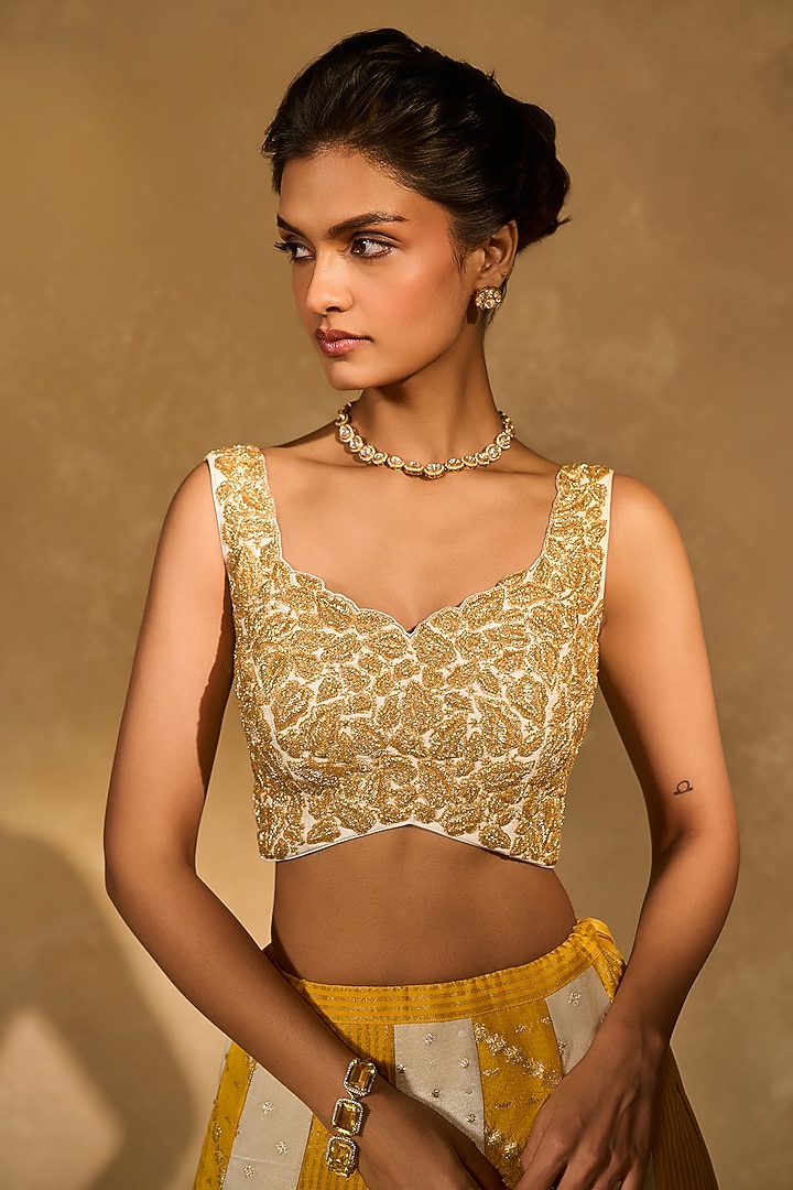 Ivory & Yellow Tissue Jamawar Wedding Lehenga Set by Chamee and Palak at Pernia's Pop Up Shop