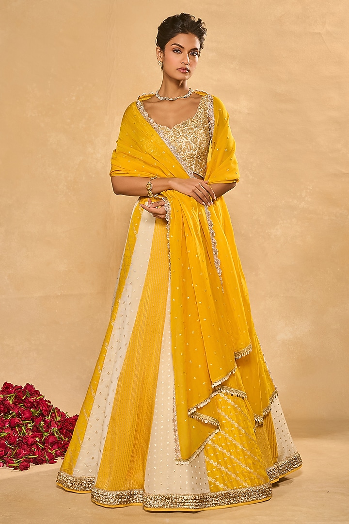 Ivory & Yellow Tissue Jamawar Wedding Lehenga Set by Chamee and Palak at Pernia's Pop Up Shop