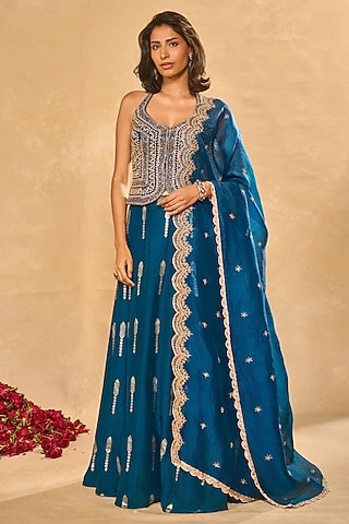 Blue Jamawar Woven Boota Lehenga Set by Chamee and Palak