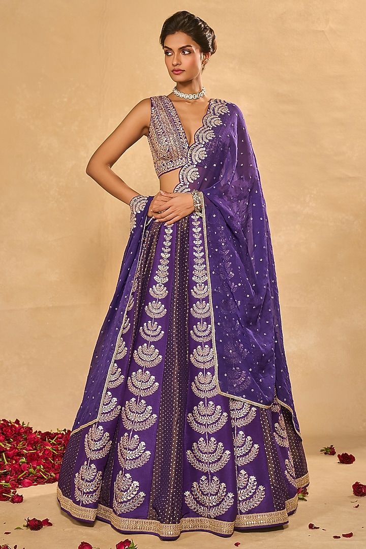 Purple Tissue Jamawar Zari Wedding Lehenga Set by Chamee and Palak at Pernia's Pop Up Shop