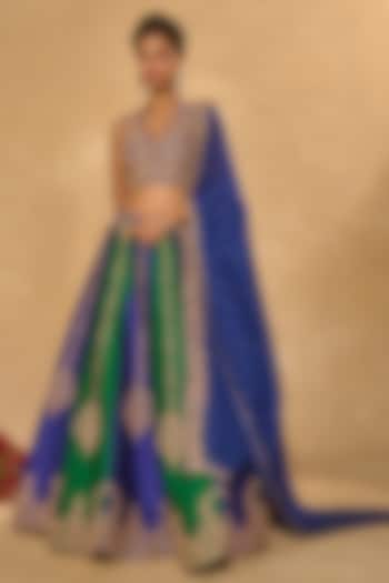 Blue & Green Dupion Silk Zari Embroidered Wedding Lehenga Set by Chamee and Palak at Pernia's Pop Up Shop