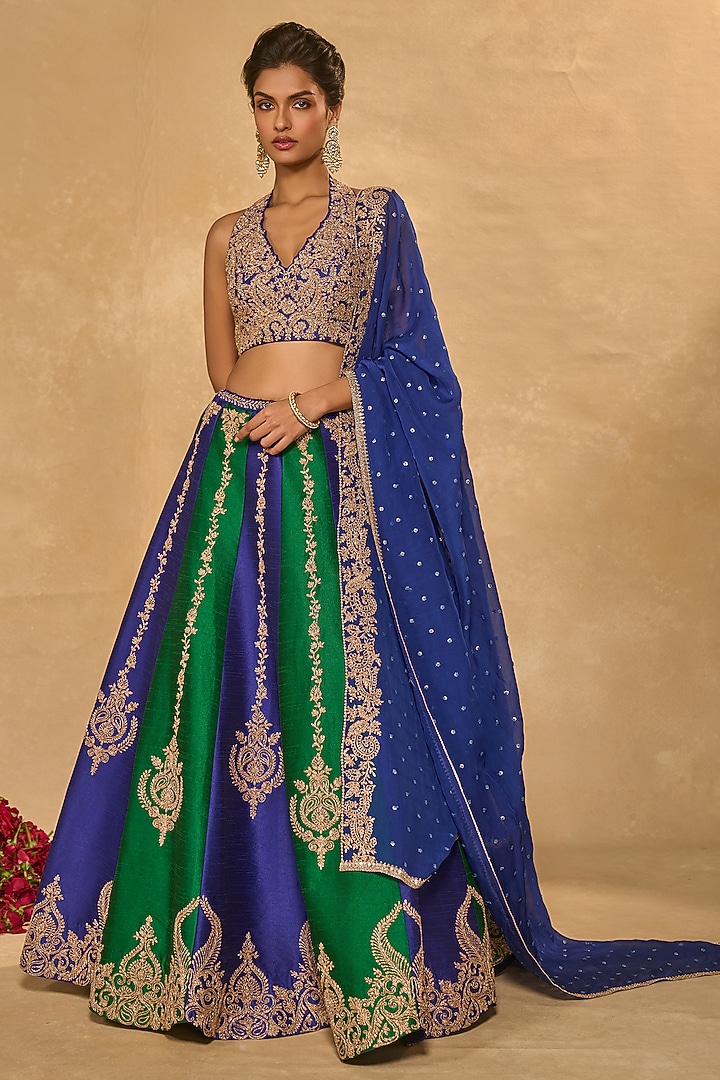 Blue & Green Dupion Silk Zari Embroidered Wedding Lehenga Set by Chamee and Palak at Pernia's Pop Up Shop