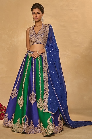 Blue & Green Dupion Silk Zari Embroidered Lehenga Set by Chamee and Palak