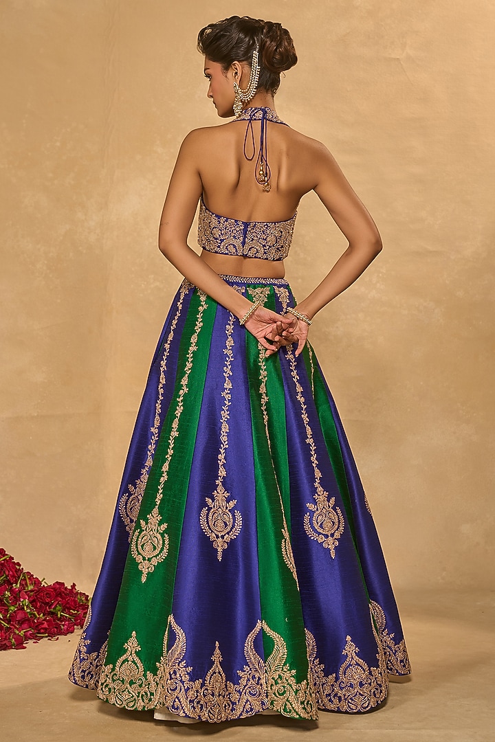 Blue & Green Dupion Silk Zari Embroidered Wedding Lehenga Set by Chamee and Palak at Pernia's Pop Up Shop