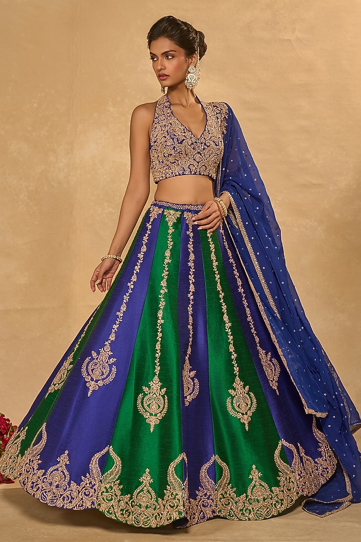 Blue & Green Dupion Silk Zari Embroidered Wedding Lehenga Set by Chamee and Palak at Pernia's Pop Up Shop