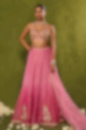 Pink Ombre Tissue Jamawar Wedding Lehenga Set by Chamee and Palak at Pernia's Pop Up Shop