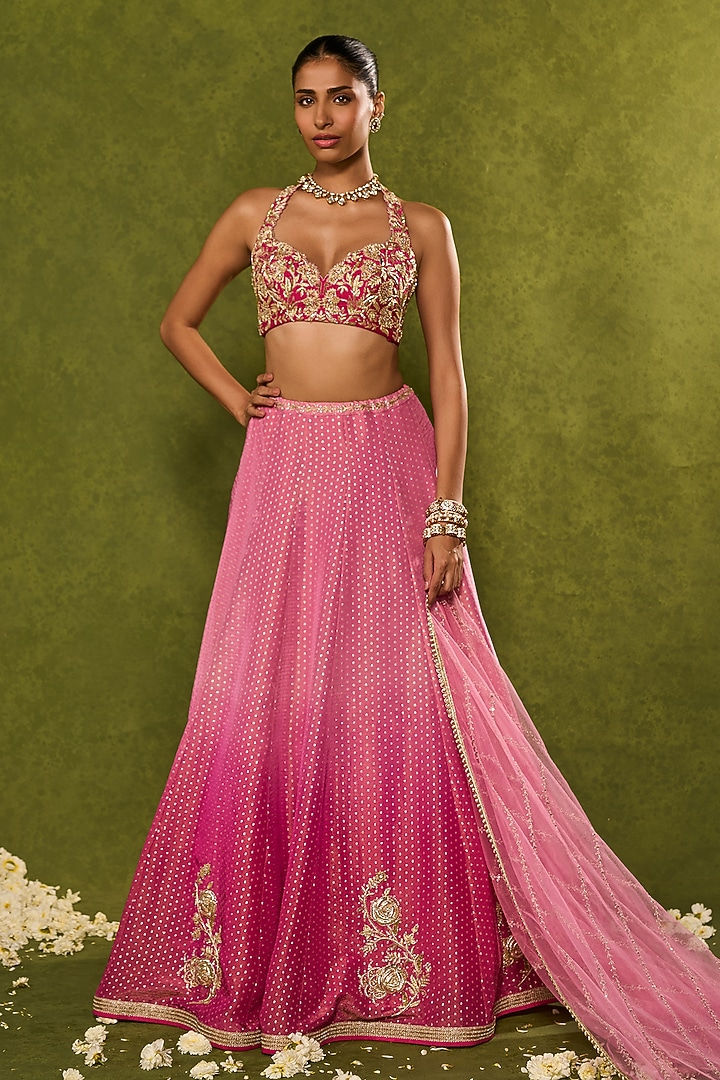 Pink Ombre Tissue Jamawar Wedding Lehenga Set by Chamee and Palak at Pernia's Pop Up Shop