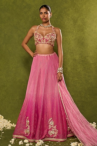 Pink Ombre Tissue Jamawar Lehenga Set by Chamee and Palak