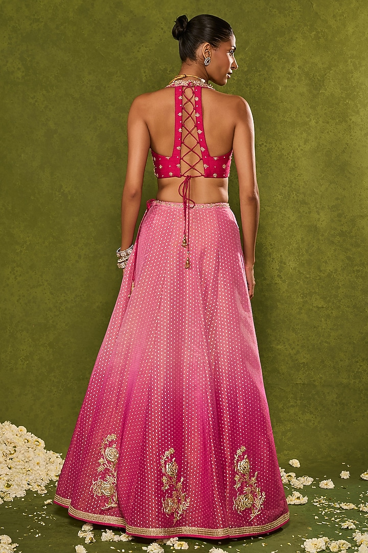Pink Ombre Tissue Jamawar Wedding Lehenga Set by Chamee and Palak at Pernia's Pop Up Shop