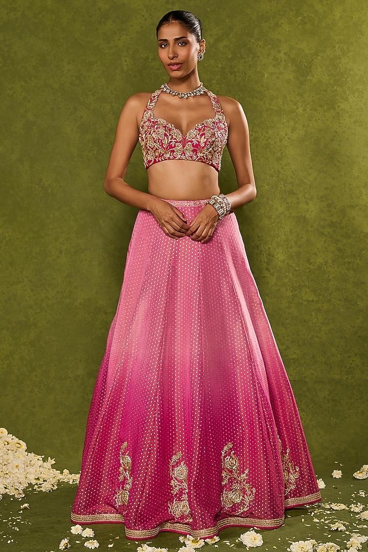 Pink Ombre Tissue Jamawar Wedding Lehenga Set by Chamee and Palak at Pernia's Pop Up Shop