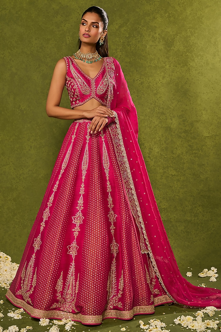 Pink Tissue Jamawar Zari Embroidered Wedding Lehenga Set by Chamee and Palak at Pernia's Pop Up Shop