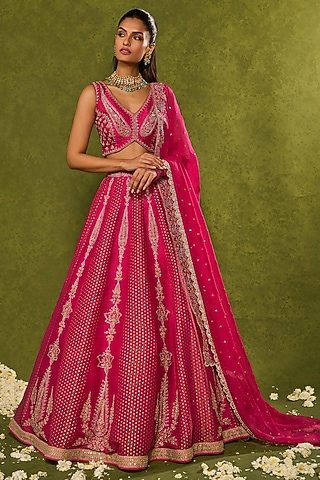 Pink Tissue Jamawar Zari Embroidered Lehenga Set by Chamee and Palak