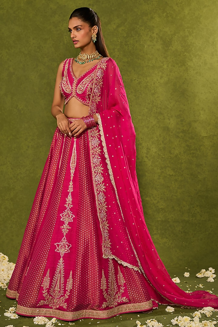 Pink Tissue Jamawar Zari Embroidered Wedding Lehenga Set by Chamee and Palak at Pernia's Pop Up Shop
