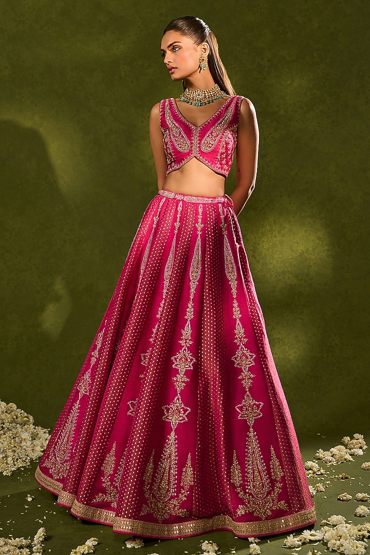 Pink Tissue Jamawar Zari Embroidered Wedding Lehenga Set by Chamee and Palak at Pernia's Pop Up Shop