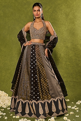 Black Woven Tissue Jamawar Zari Embroidered Lehenga Set by Chamee and Palak