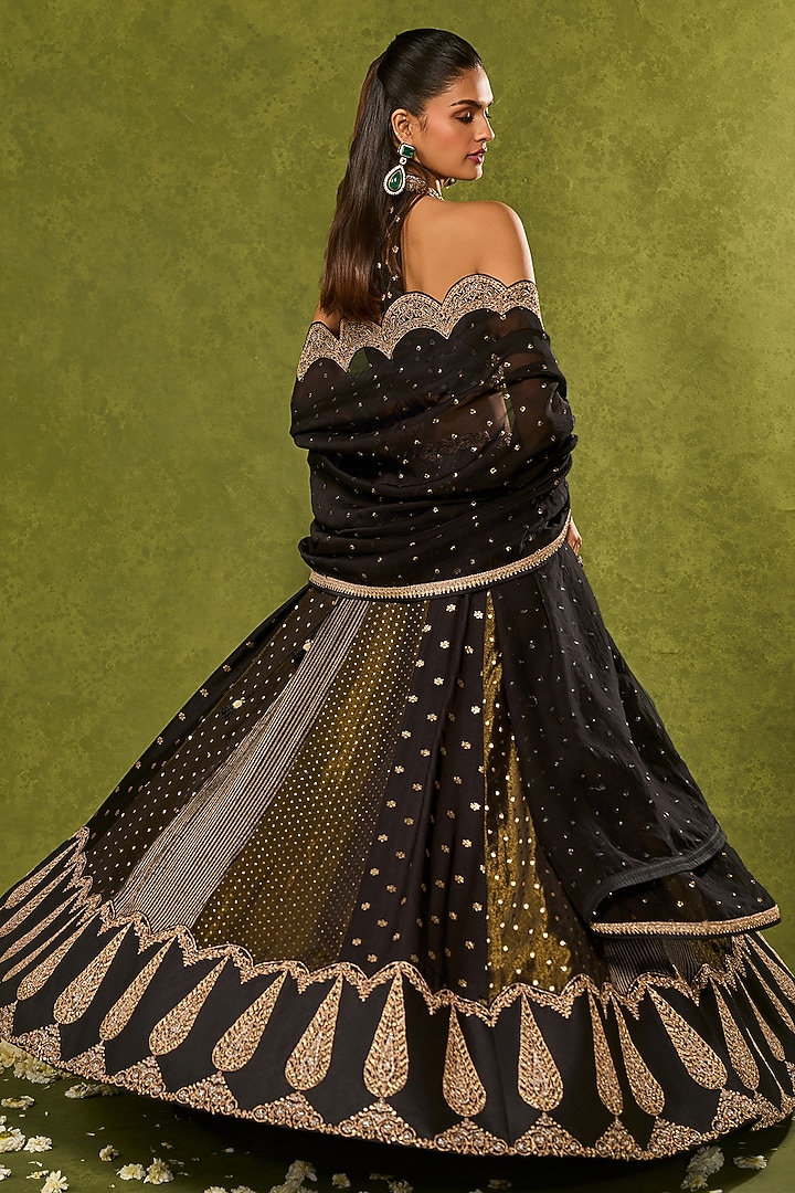 Black Woven Tissue Jamawar Zari Embroidered Wedding Lehenga Set by Chamee and Palak at Pernia's Pop Up Shop