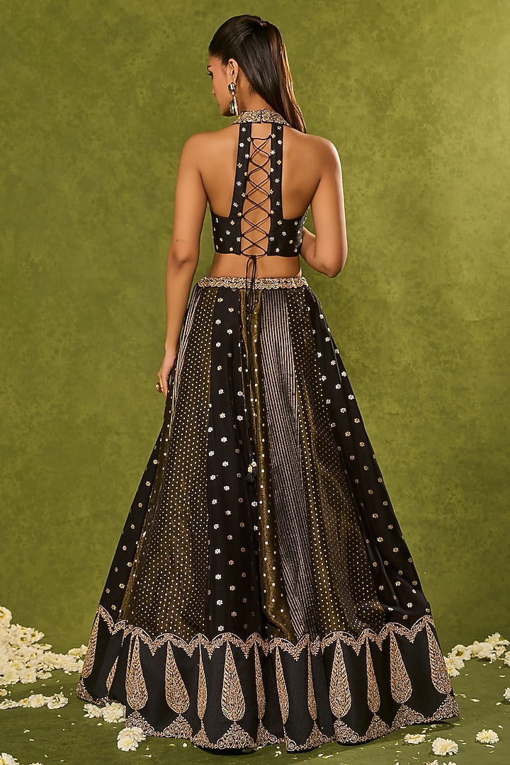 Black Woven Tissue Jamawar Zari Embroidered Wedding Lehenga Set by Chamee and Palak at Pernia's Pop Up Shop