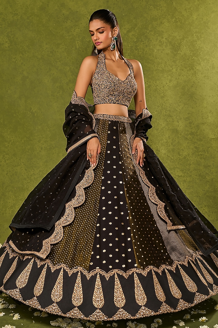 Black Woven Tissue Jamawar Zari Embroidered Wedding Lehenga Set by Chamee and Palak at Pernia's Pop Up Shop