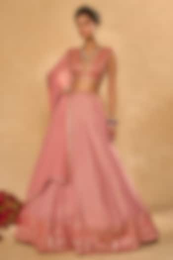 Mauve Pink & Red Tissue Jamawar Zari Embroidered Wedding Lehenga Set by Chamee and Palak at Pernia's Pop Up Shop