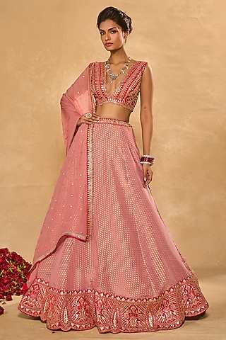 Mauve Pink & Red Tissue Jamawar Zari Embroidered Lehenga Set by Chamee and Palak