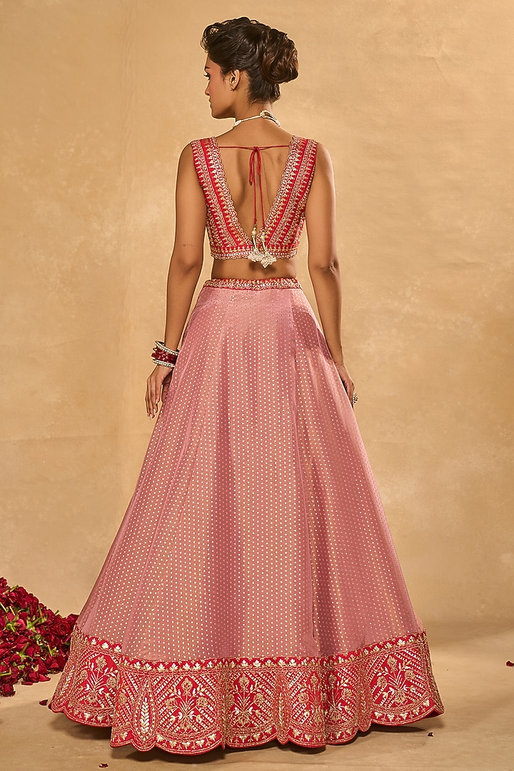 Mauve Pink & Red Tissue Jamawar Zari Embroidered Wedding Lehenga Set by Chamee and Palak at Pernia's Pop Up Shop
