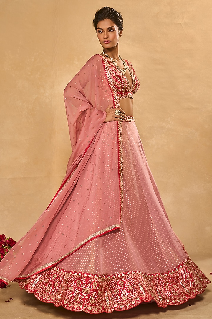 Mauve Pink & Red Tissue Jamawar Zari Embroidered Wedding Lehenga Set by Chamee and Palak at Pernia's Pop Up Shop