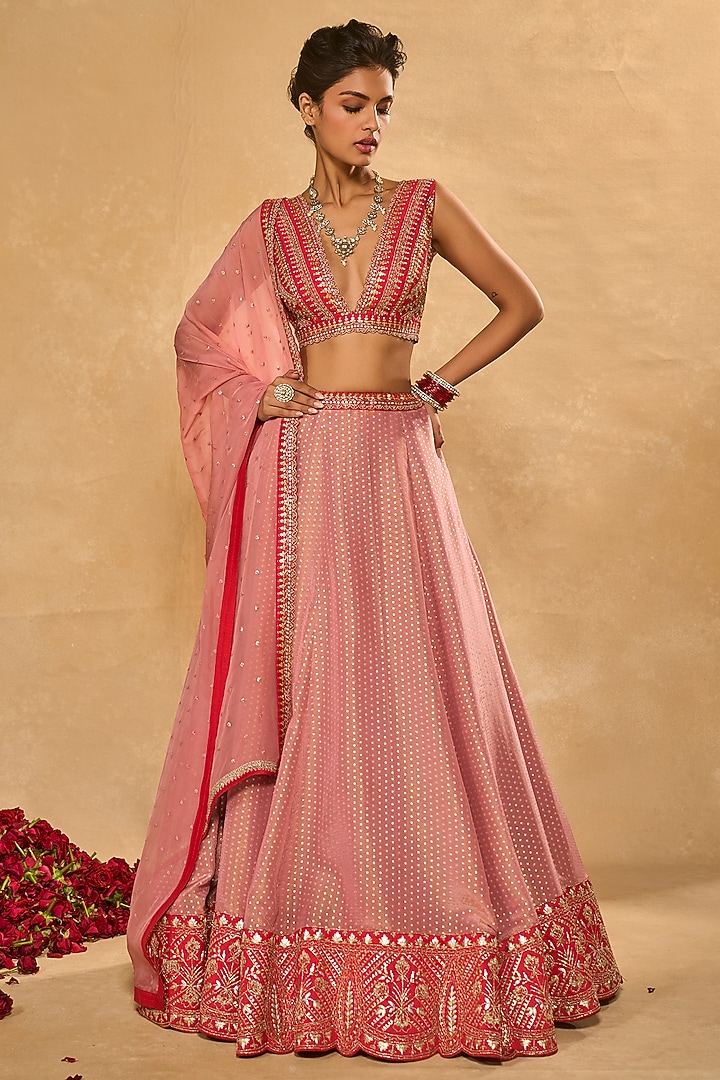 Mauve Pink & Red Tissue Jamawar Zari Embroidered Wedding Lehenga Set by Chamee and Palak at Pernia's Pop Up Shop