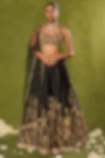 Black Dupion Silk Floral Motif Embroidered Wedding Lehenga Set by Chamee and Palak at Pernia's Pop Up Shop
